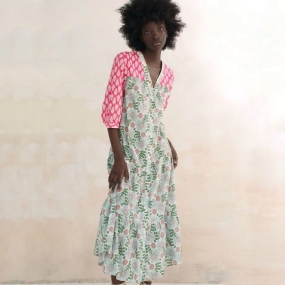 Zara Patchwork Floral Pink and Green Midi Dress - Picture 1 of 10